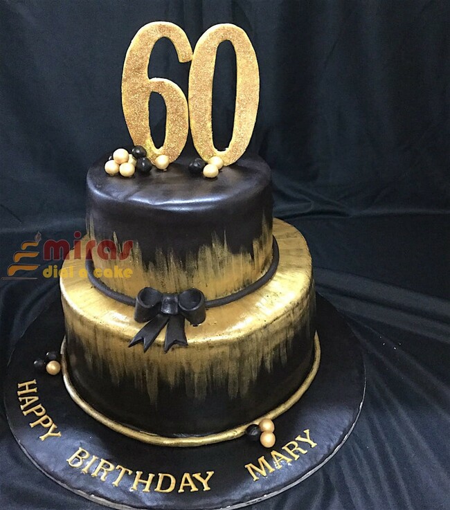 60th Birthday 2tier black & gold Cake